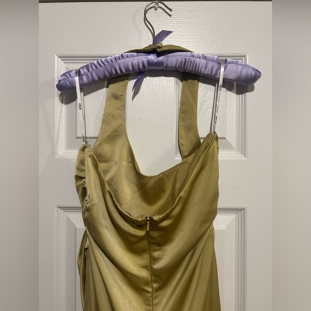 SATIN HALTER CROSSOVER SKIRT MAXI DRESS IN LIGHT OLIVE-GREEN - Picture 5 of 8